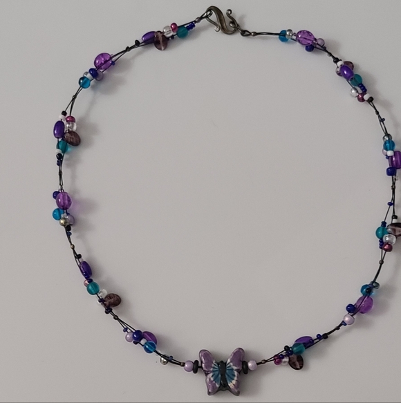 925 Vintage Butterfly Pottery Necklace Artisan Glass Beaded Purple Cats Eye Vtg - Picture 2 of 16
